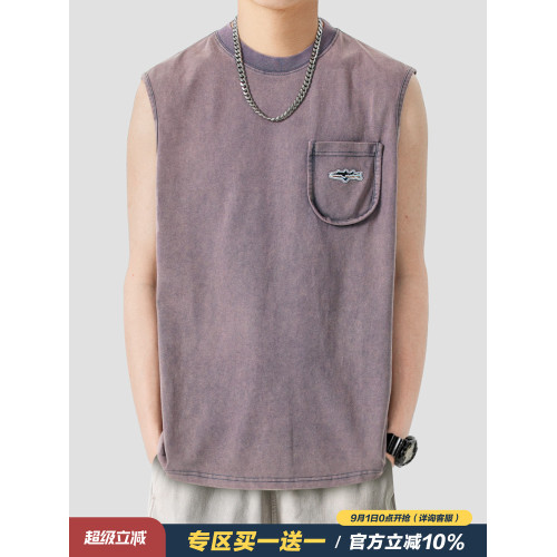 LAZY DAY原創男裝日系復古水洗綉標圓領背心潮寬松簡約百搭休閒男 LAZY DAY原創男裝日系復古水洗綉標圓領背心潮寬松簡約百搭休閒男