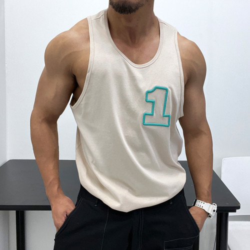 立體刺綉質感好！純棉修身背心無袖T恤肌肉男顯身材健身海灘旅遊