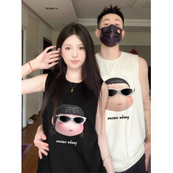 純棉情侶裝無袖背心夏季坎肩男女disoo高級感趣味大頭印花T恤兩件