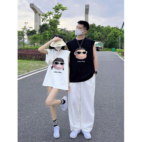 純棉情侶裝無袖背心夏季坎肩男女disoo高級感趣味大頭印花T恤兩件