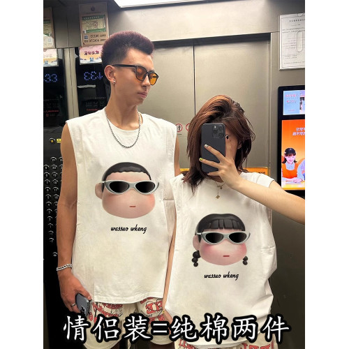 純棉情侶裝無袖背心夏季坎肩男女disoo高級感趣味大頭印花T恤兩件