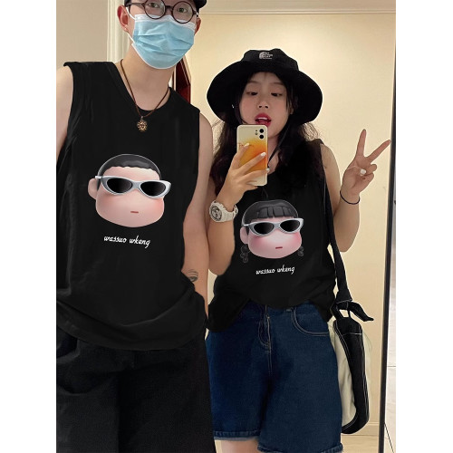 純棉情侶裝無袖背心夏季坎肩男女disoo高級感趣味大頭印花T恤兩件