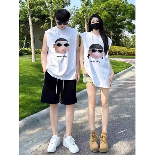 純棉情侶裝無袖背心夏季坎肩男女disoo高級感趣味大頭印花T恤兩件