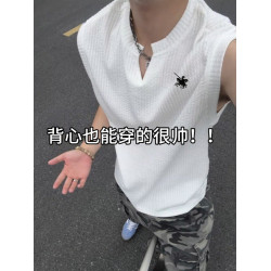 保羅刺綉背心男款夏季寬松肌理感褶皺V領無袖t恤運動汗衫坎肩上衣
