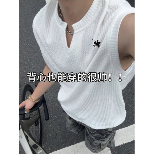 保羅刺綉背心男款夏季寬松肌理感褶皺V領無袖t恤運動汗衫坎肩上衣