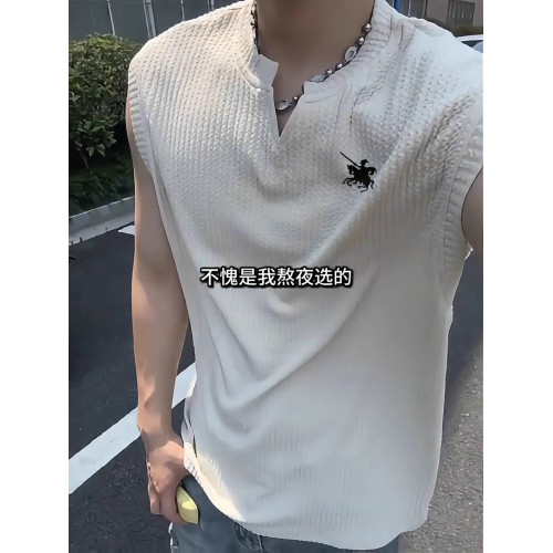 保羅刺綉背心男款夏季寬松肌理感褶皺V領無袖t恤運動汗衫坎肩上衣