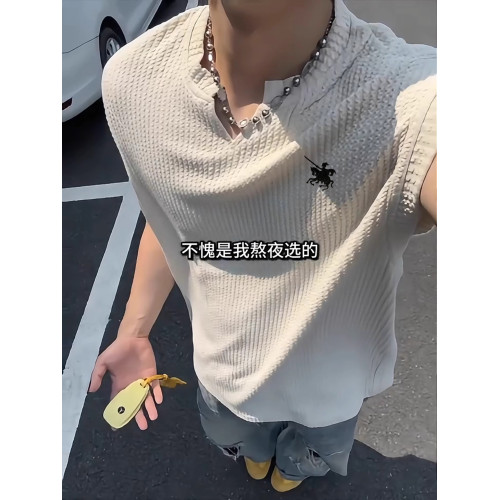 保羅刺綉背心男款夏季寬松肌理感褶皺V領無袖t恤運動汗衫坎肩上衣