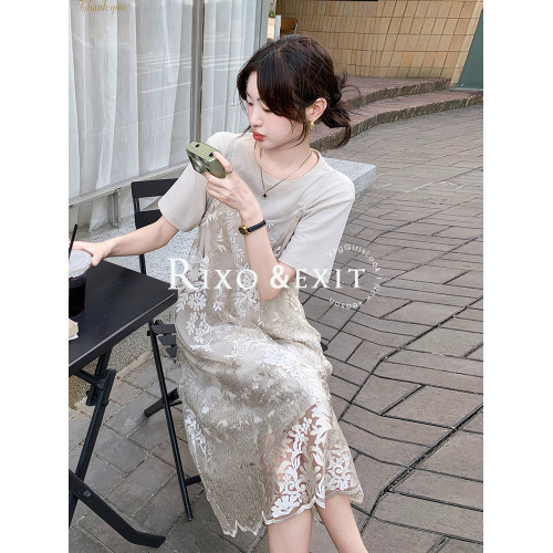 RIXO EXIT法式提花蕾絲吊帶衫t恤裙兩件套女夏新氣質減齡時髦套裝