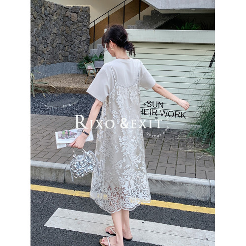 RIXO EXIT法式提花蕾絲吊帶衫t恤裙兩件套女夏新氣質減齡時髦套裝