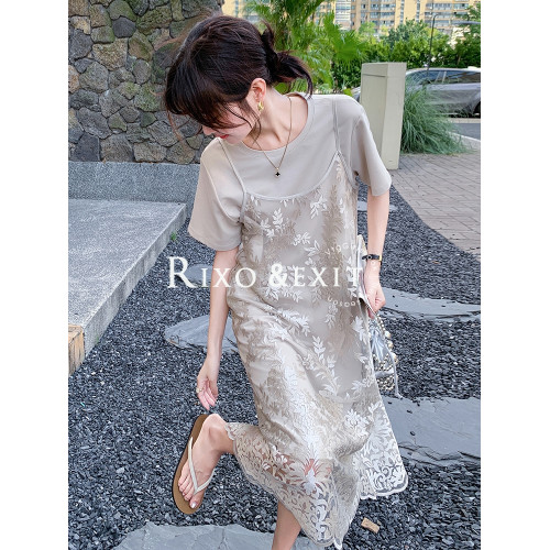 RIXO EXIT法式提花蕾絲吊帶衫t恤裙兩件套女夏新氣質減齡時髦套裝