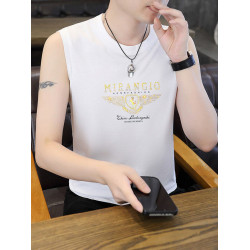 圓領絲光棉燙金透氣背心男夏季潮流白色無袖t恤男款夏裝冰絲坎肩