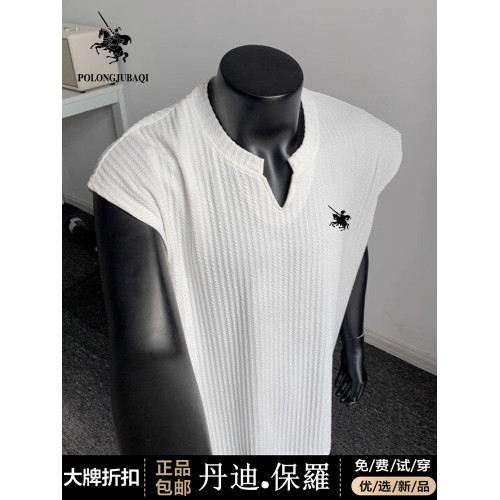 保羅馬標刺綉背心男款夏季寬松肌理感褶皺V領無袖t恤運動汗衫坎肩