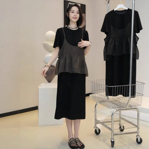 時尚假兩件吊帶衫拼接短袖連衣裙女士夏季薄款寬松顯瘦中套裝