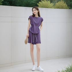 潮流時尚休閒運動套裝女夏季新款純色圓領短袖上衣濶腿短褲兩件套