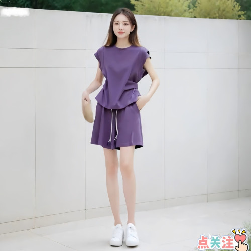 潮流時尚休閒運動套裝女夏季新款純色圓領短袖上衣濶腿短褲兩件套