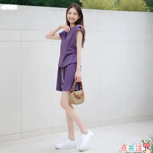 潮流時尚休閒運動套裝女夏季新款純色圓領短袖上衣濶腿短褲兩件套