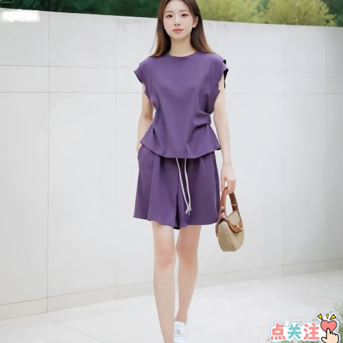 潮流時尚休閒運動套裝女夏季新款純色圓領短袖上衣濶腿短褲兩件套