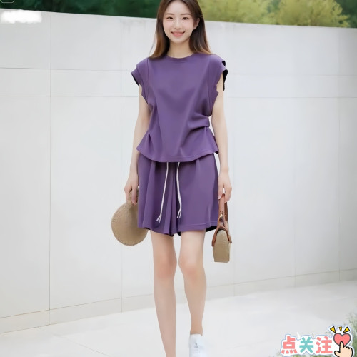 潮流時尚休閒運動套裝女夏季新款純色圓領短袖上衣濶腿短褲兩件套