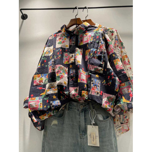 春秋女裝新款韓版印花翻領單排釦寬松純棉長袖襯衫女襯衣
