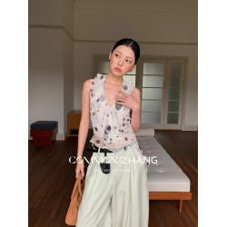 CZ ZHANG夏法式性感露雪紡波點印花掛脖吊帶衫女花邊領不規則小衫