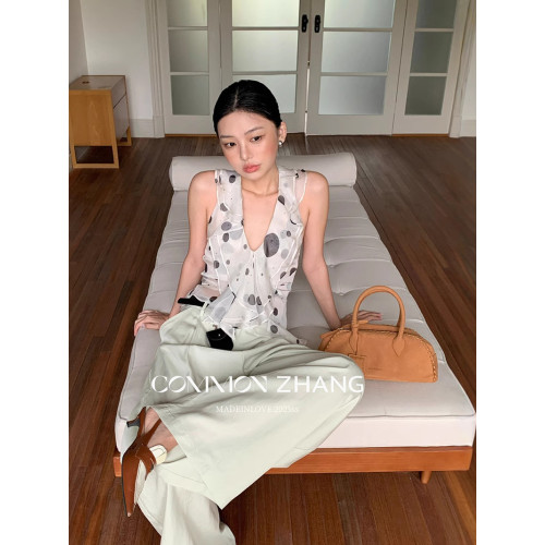 CZ ZHANG夏法式性感露雪紡波點印花掛脖吊帶衫女花邊領不規則小衫
