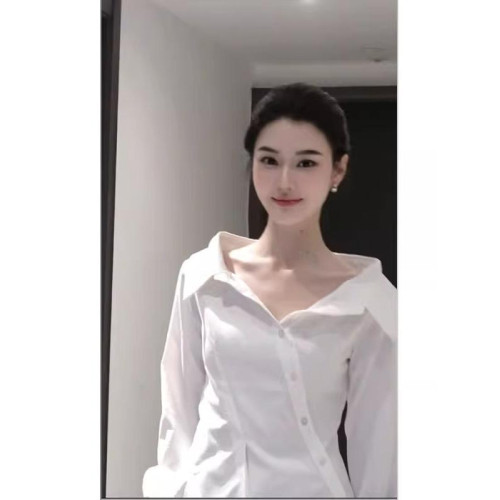 Rixo Kelly斜邊釦露肩長袖襯衫新款設計感純欲修身收腰女襯衣上衣