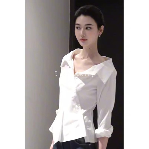 Rixo Kelly斜邊釦露肩長袖襯衫新款設計感純欲修身收腰女襯衣上衣