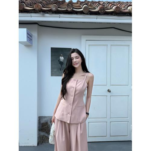 Vane韋恩韓版收腰百搭吊帶衫搭濶腿長褲夏套裝女兩件套時尚氣質