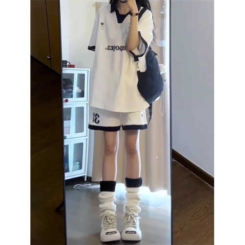 英國DGKP學院風運動套裝女2025夏季寬松拼色短袖休閒跑步兩件套