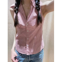 OOTD BM官網女裝新款紅色格子短款修身無袖內搭襯衫女襯衣V領上衣