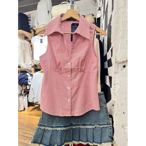 OOTD BM官網女裝新款紅色格子短款修身無袖內搭襯衫女襯衣V領上衣