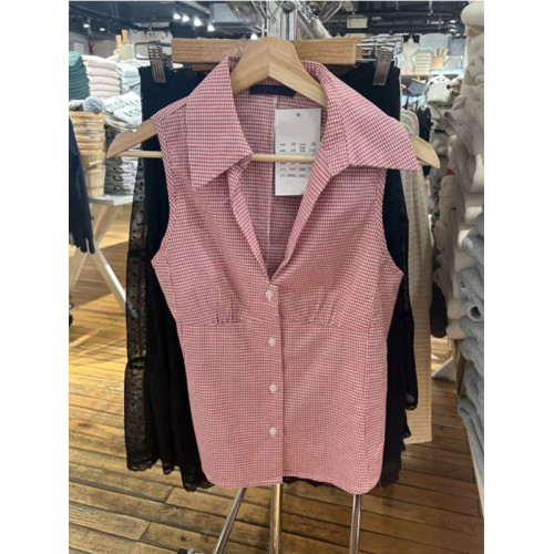 OOTD BM官網女裝新款紅色格子短款修身無袖內搭襯衫女襯衣V領上衣