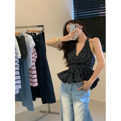 韓國波點掛脖系帶吊帶衫女春夏新款法式性感露背V領短款背心上衣