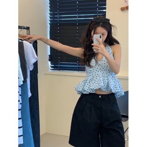 韓國波點掛脖系帶吊帶衫女春夏新款法式性感露背V領短款背心上衣