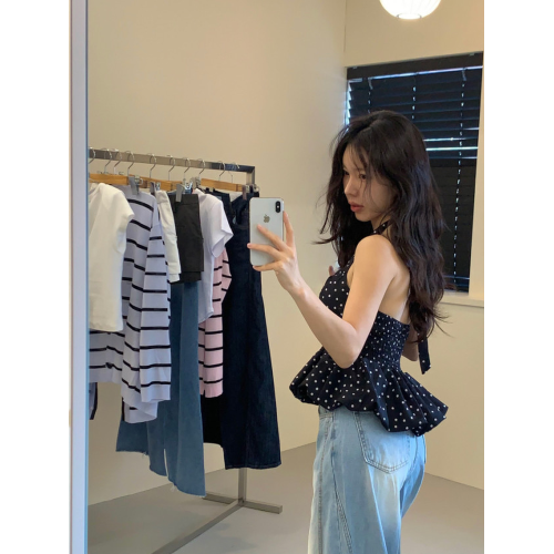 韓國波點掛脖系帶吊帶衫女春夏新款法式性感露背V領短款背心上衣