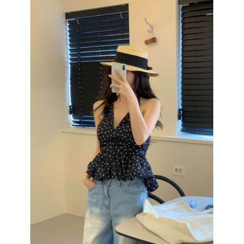 韓國波點掛脖系帶吊帶衫女春夏新款法式性感露背V領短款背心上衣