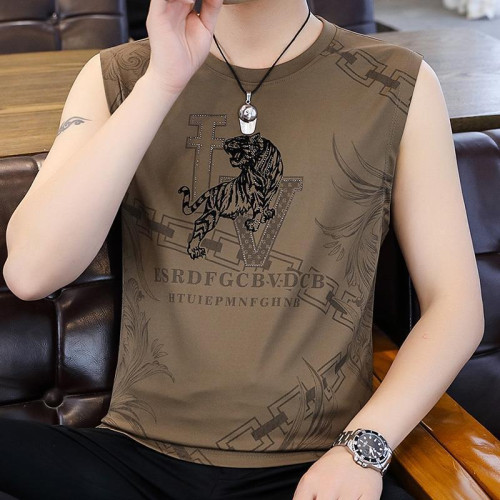 皮爾卡丹高檔男士冰絲提花背心2025夏季新款大碼寬松速乾無袖T恤