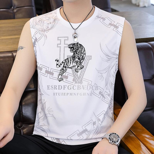 皮爾卡丹高檔男士冰絲提花背心2025夏季新款大碼寬松速乾無袖T恤