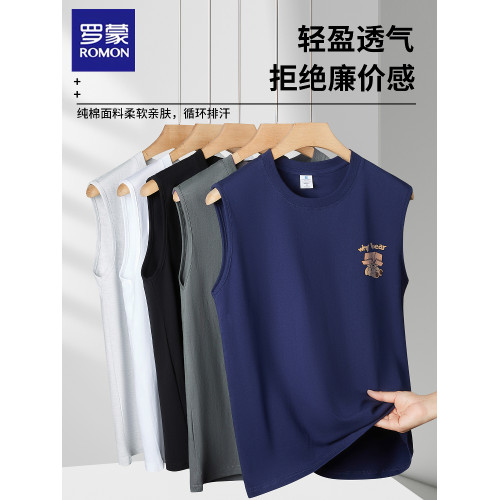 羅矇純棉無袖背心男夏季寬松潮流青少年痞帥跨欄坎肩運動打底t恤