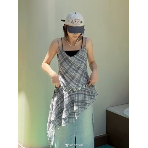 MOU*Y保真！6月新款 日系不規則下擺格紋修身吊帶衫028ISA33-4091