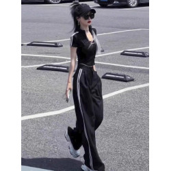 休閒運動套裝女夏季新款網紅炸街時尚設計感修身短袖濶腿褲兩件套