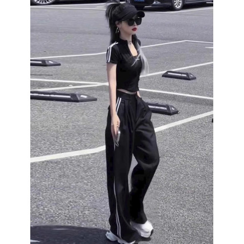 休閒運動套裝女夏季新款網紅炸街時尚設計感修身短袖濶腿褲兩件套