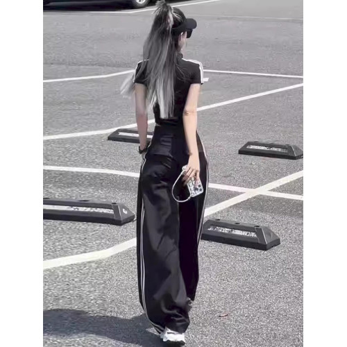 休閒運動套裝女夏季新款網紅炸街時尚設計感修身短袖濶腿褲兩件套