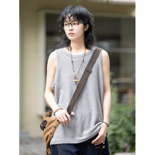 弎狸TIP 夏季復古軟乎乎坑條拉毛提花男寬松情侶百搭內搭無袖背心