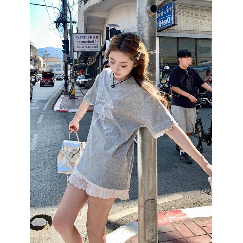 休閒運動套裝女夏季2025新款時尚短袖衛衣蕾絲短裙減齡穿搭一整套