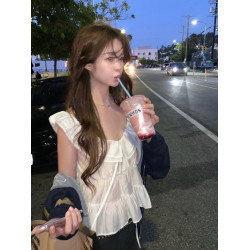 vegettable韓國甜美大圓領荷葉領邊系帶無袖上衣女短襯衫公主小衫