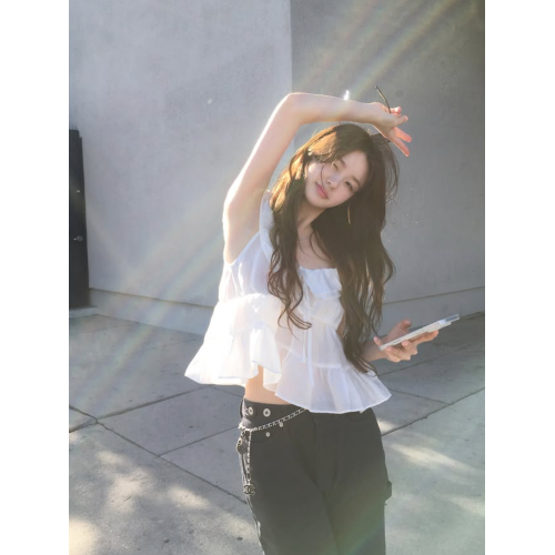 vegettable韓國甜美大圓領荷葉領邊系帶無袖上衣女短襯衫公主小衫