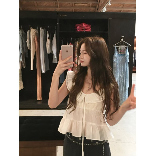 vegettable韓國甜美大圓領荷葉領邊系帶無袖上衣女短襯衫公主小衫