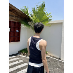 乜Q時髦復古曡穿撞色簡約真兩件汗背心男女純色百搭休閒健身上衣