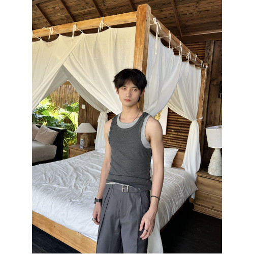 乜Q時髦復古曡穿撞色簡約真兩件汗背心男女純色百搭休閒健身上衣